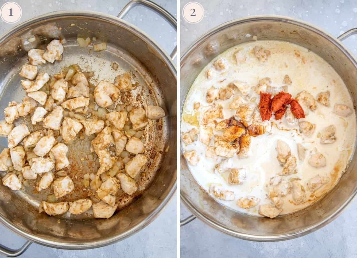 picture collage demonstrating how to make red thai curry with chicken
