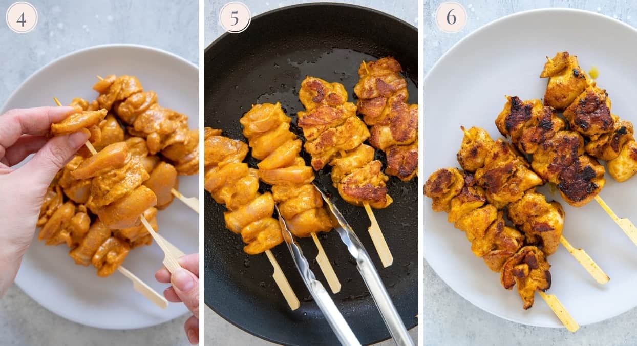 picture collage demonstrating how to pan-fry marinated chicken skewers for Satay Chicken Bowls 