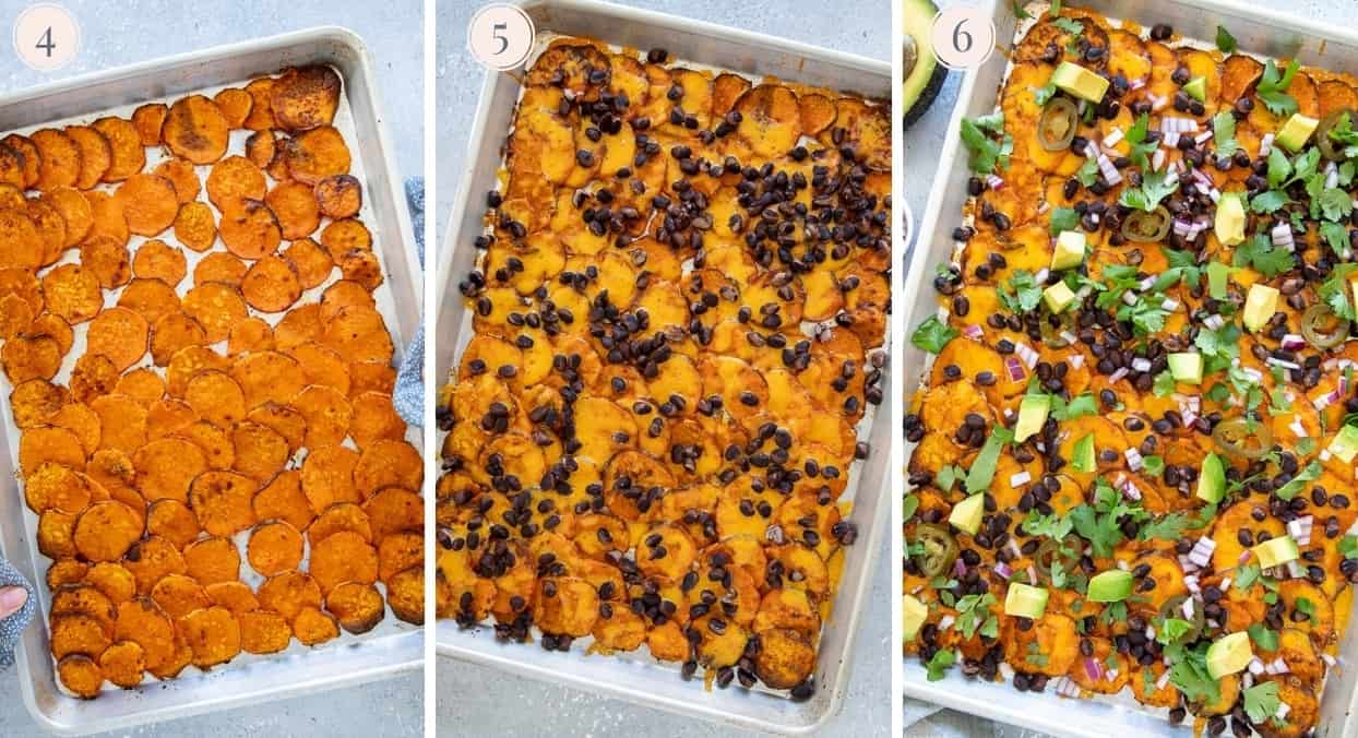picture collage of sweet potato nachos being arranged and baked on a sheet pan with black beans and then topped with Mexican toppings
