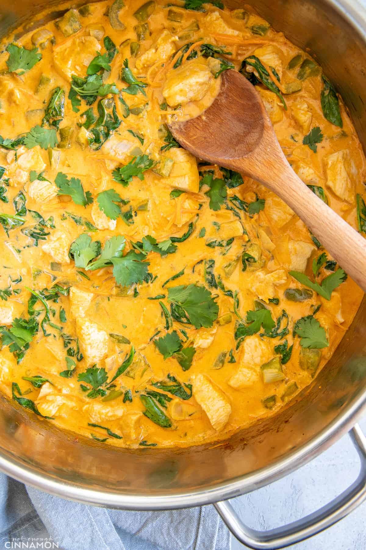 a pot with healthy Thai Red Curry with chicken and spinach with a wooden spoon 
