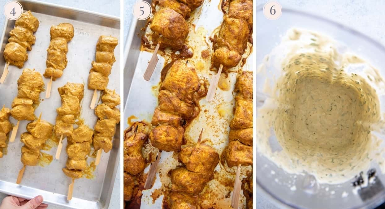 a picture collage demonstrating how to make tandoori chicken skewers 