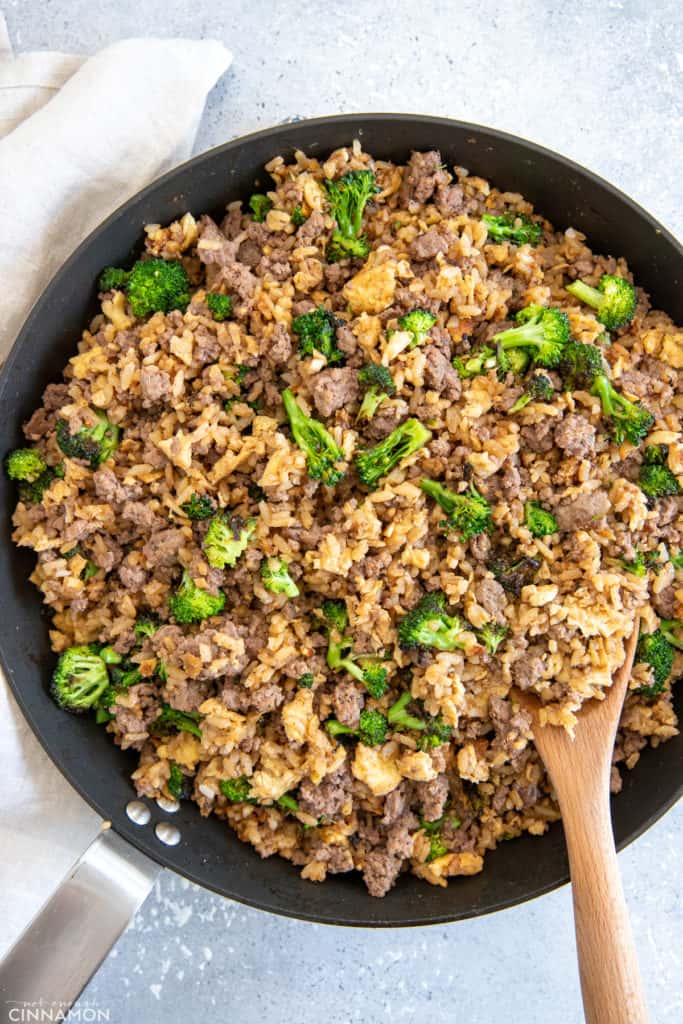 Overhead shot of a skillet with beef and broccoli fried rice 