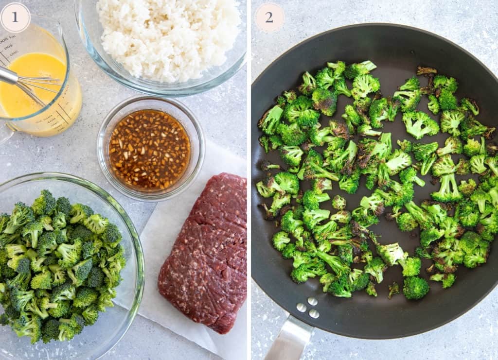 picture collage demonstrating how to pan-fry broccoli florets until charred