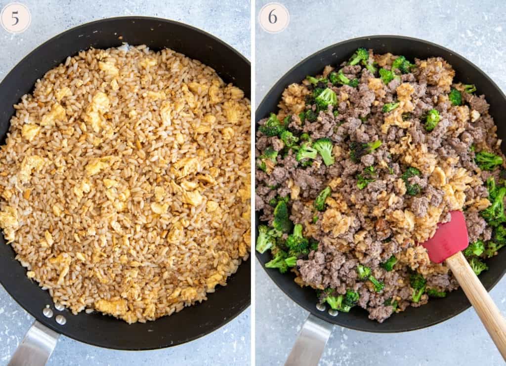 picture collage demonstrating in which order to add the ingredients to the skillet for making Beef and Broccoli Fried Rice 