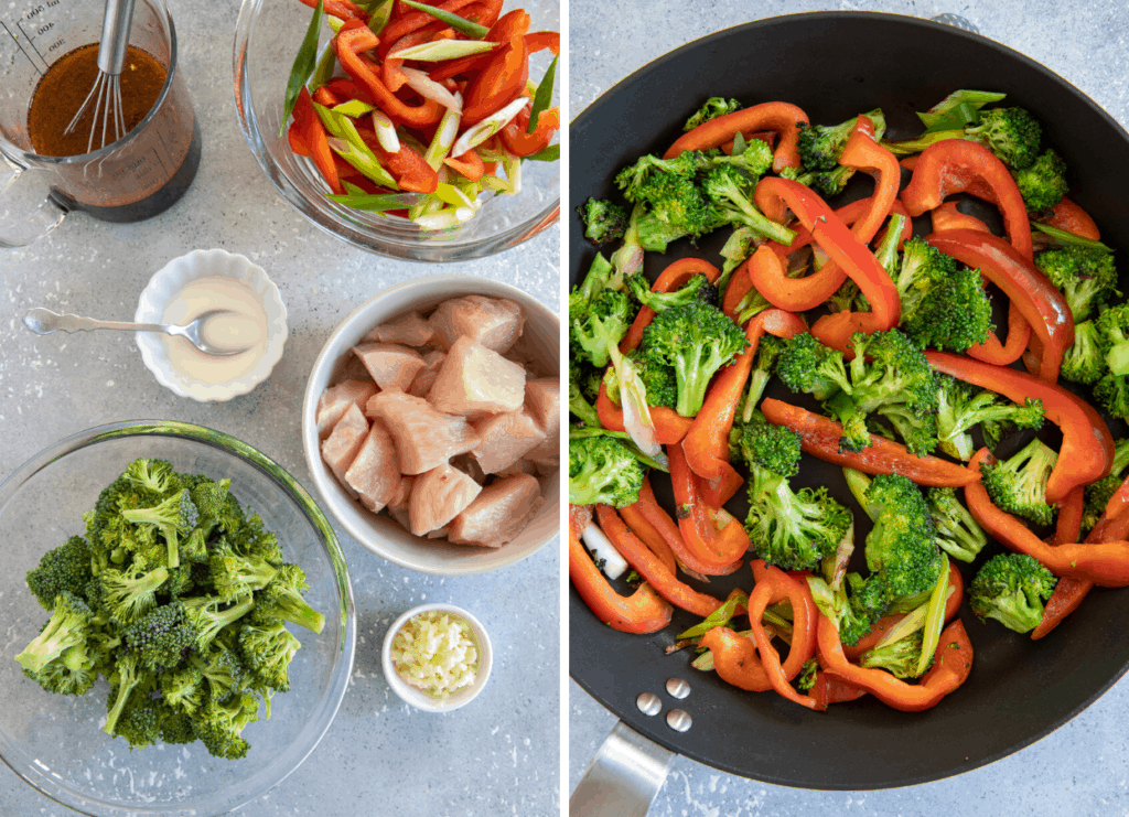 a picture collage with two pictures, one with ingredients needed for hot honey chicken stir fry, one with veggies being sauteed in a frying pan