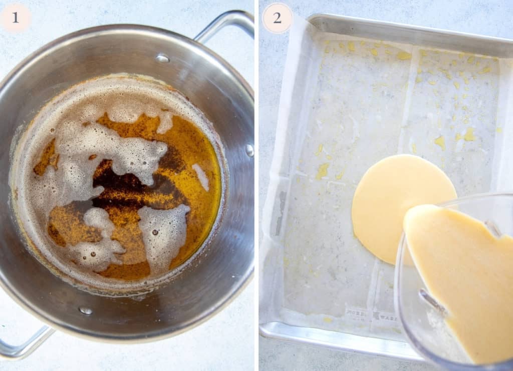 a pot of brown butter and picture of pancake batter being poured onto a sheet pan 