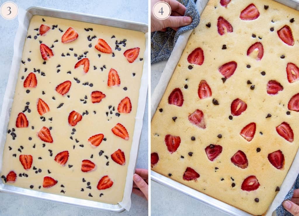 a picture collage with a sheet pan with sheet pan pancakes 