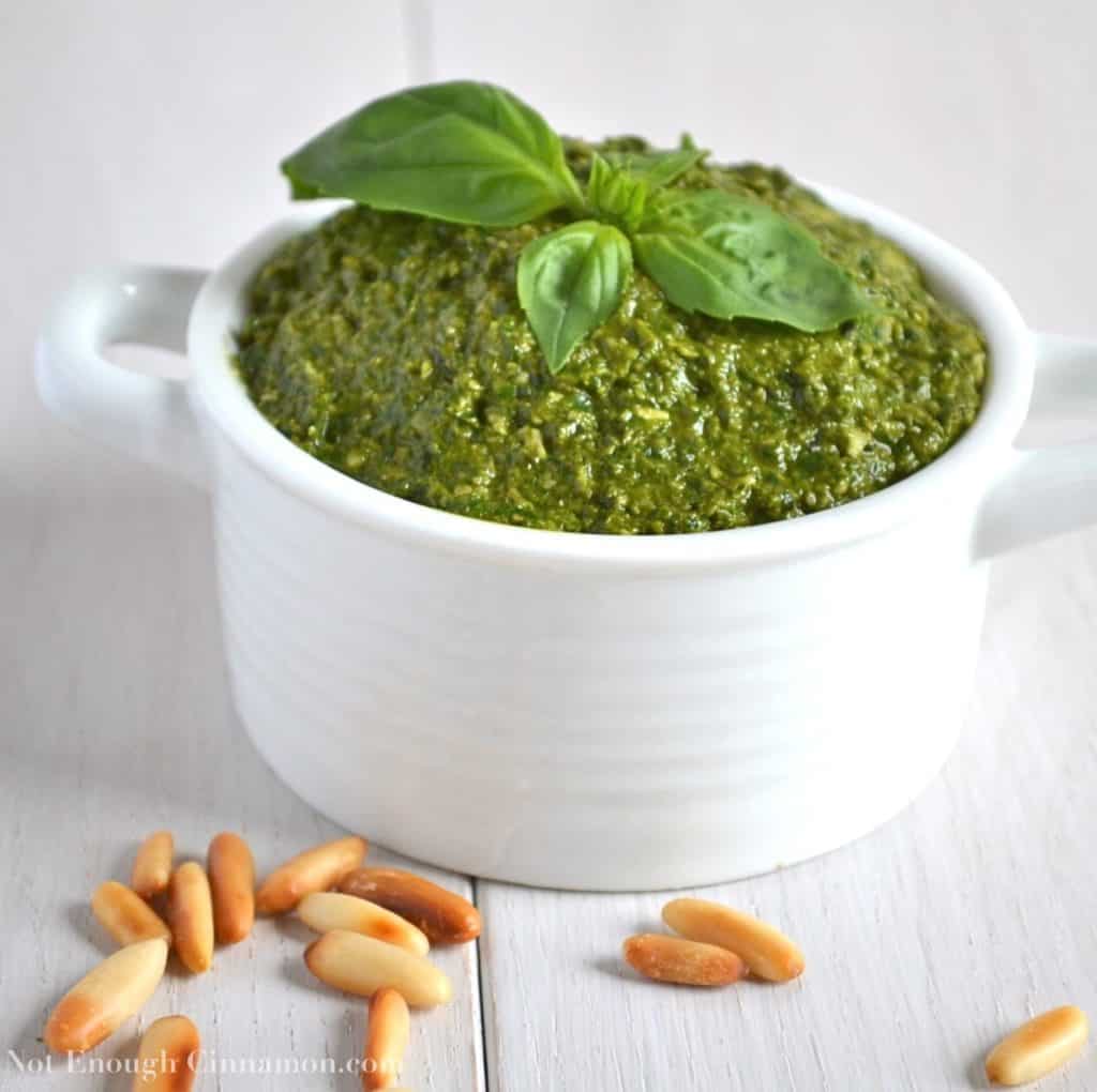 Homemade Basil Pesto in a white bowl 