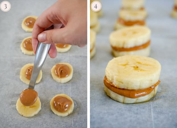 Step by step pictures showing peanut butter being spooned on banana slices and banana peanut butter sandwiches.