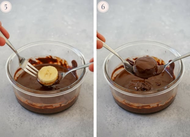 Step by step pictures showing a peanut butter banana sandwich being dipped in a bowl of melted chocolate with two forks. 