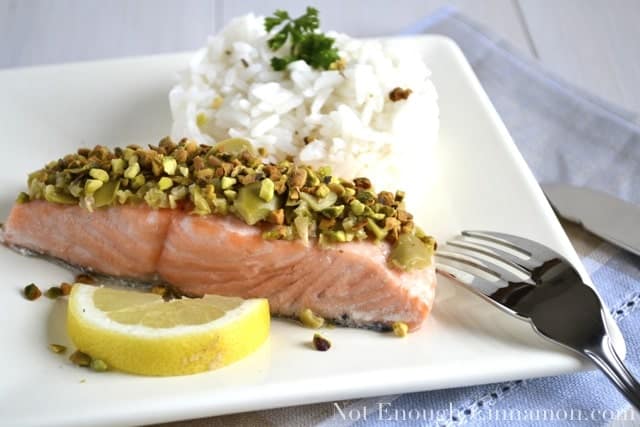 Salmon with Green Olives and Pistachios