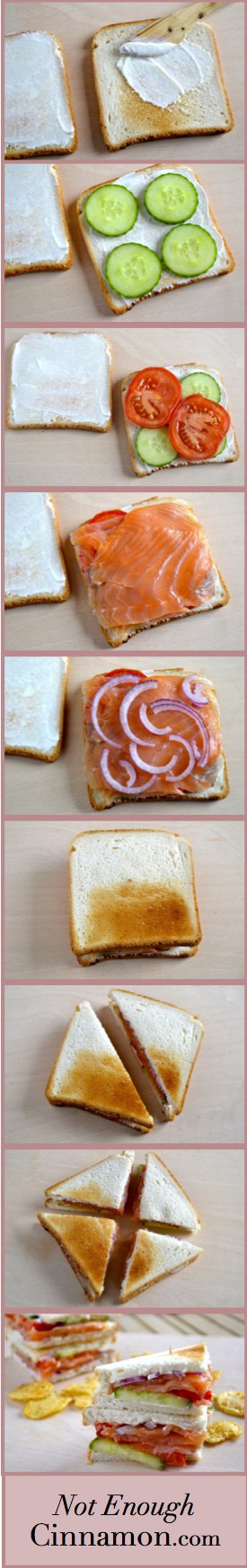 Smoked Salmon Club Sandwich - an elegant twist on the All American Classic Clubhouse Sandwich. Layered with smoked salmon, cream cheese, cucumber and onion slices, this easy sandwich makes for a great light lunch or picnic food. | www.notenoughcinnamon.com | #sandwich, #easy, #salmon, #picnic, #lunch, #mealprep, #gourmet