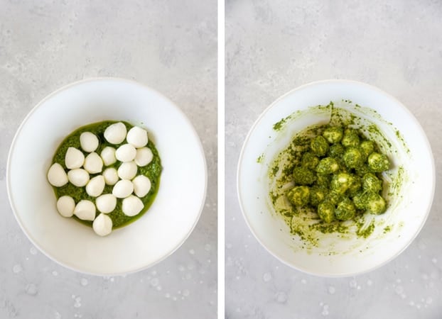 Collage of two pictures showing basil pesto and mozzarella balls in a white bowl, and mozzarella bowls covered in basil pesto in a white bowl.