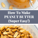 Roasted peanuts in a food processor and finished homemade peanut butter in a jar