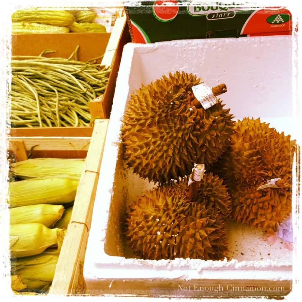 durian fruit in a white styrofoam box ready to be sold