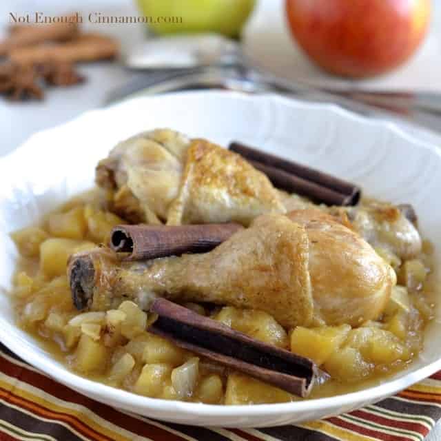 Chicken Stew with Apples and Cinnamon served in a white bowl 