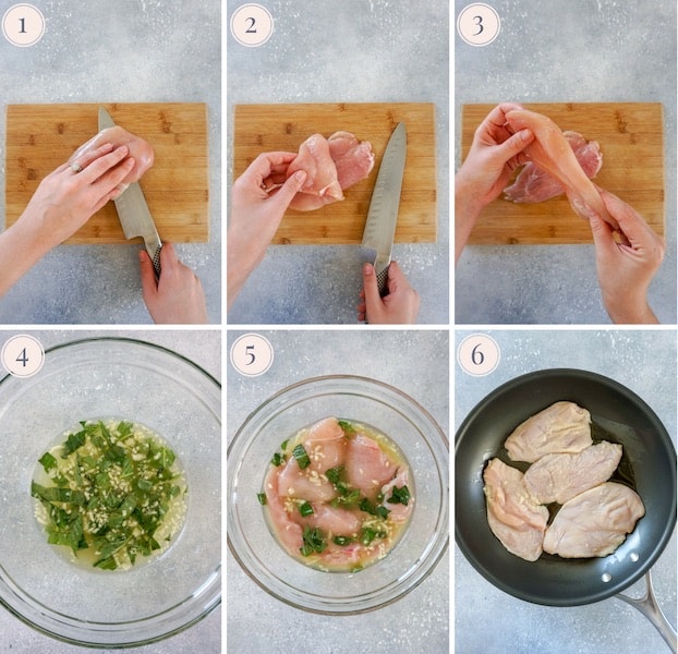 Photo collage of step by step instructions to make lemon basil chicken breasts