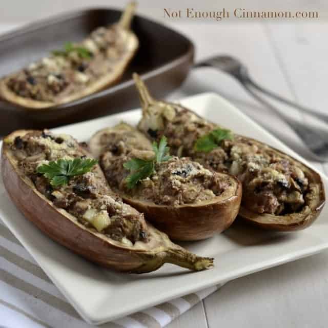 Beef, Turkey and Mushroom Stuffed Eggplant