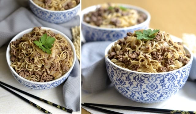 collage of 2 pictures of Asian Beef Noodles garnished with a cilantro leaf served in a Chinese blue and white noodle bowl with chopsticks on the side