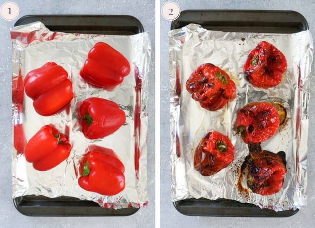 Collage showing how to roast bell peppers