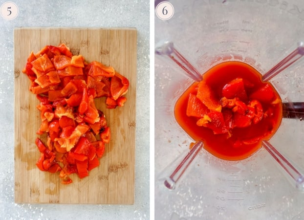 Collage showing how to make roasted bell pepper soup in the blender