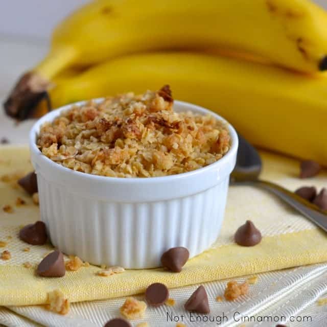 Banana Chocolate Chips Crisp served in an individual ramekin