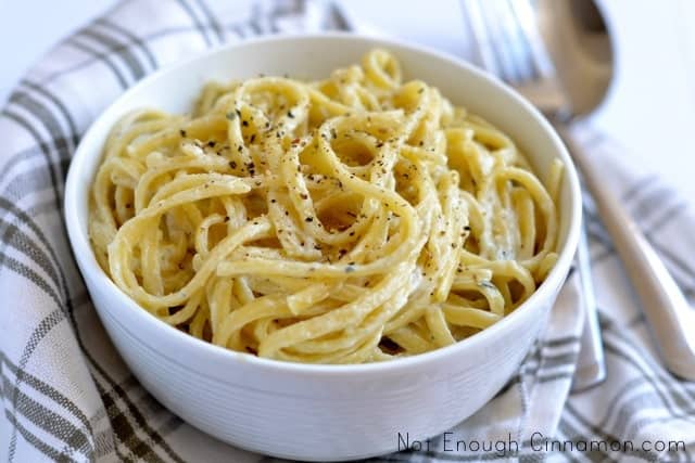 Blue Cheese Pasta served in a white bowl, sprinkled with pepper