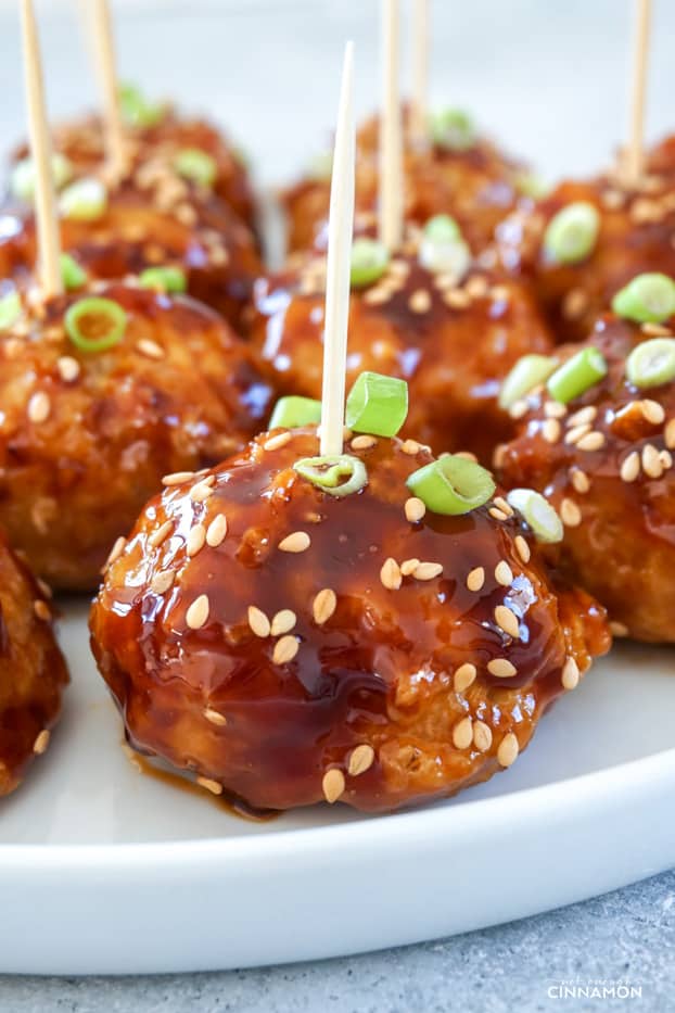 Close up picture of an asian glazed chicken meatball