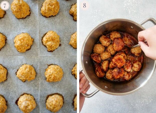 Baked chicken meatballs on a baking sheet and meatballs in a pot mixed with sauce