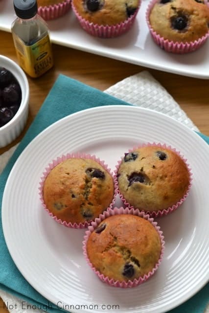 Three Blueberry Banana Bread Muffins on a white plate with a tray of muffins and fresh blueberries in the background