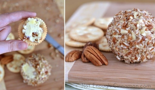 Collage of Game-day Pecan Cheese Balls served with Ritz Crackers