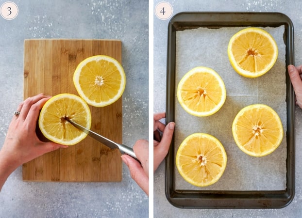 Grapefruits being cut into sections and placed on a lined baking sheet