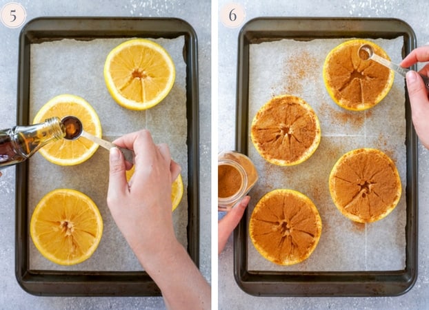 Grapefruits being drizzled with maple syrup and sprinkled with cinnamon