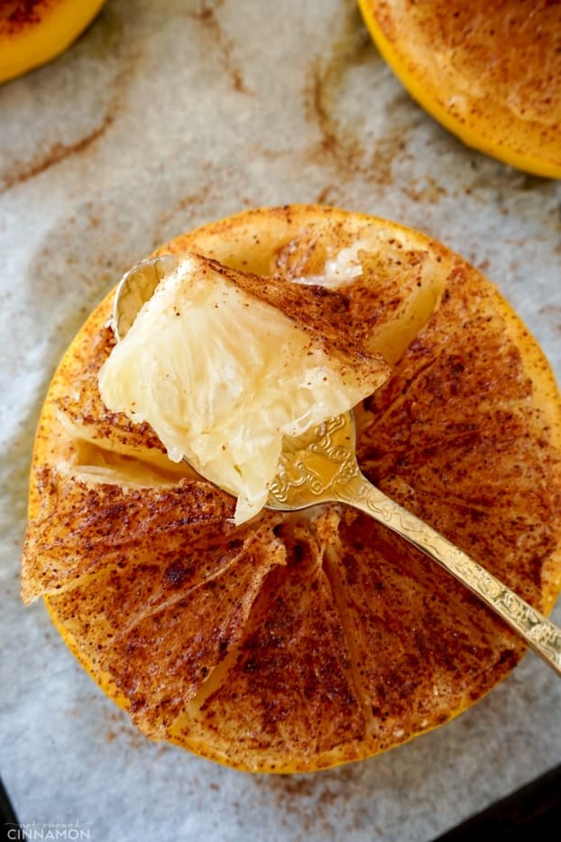 A piece of baked grapefruit flesh in a golden spoon over a baked half grapefruit