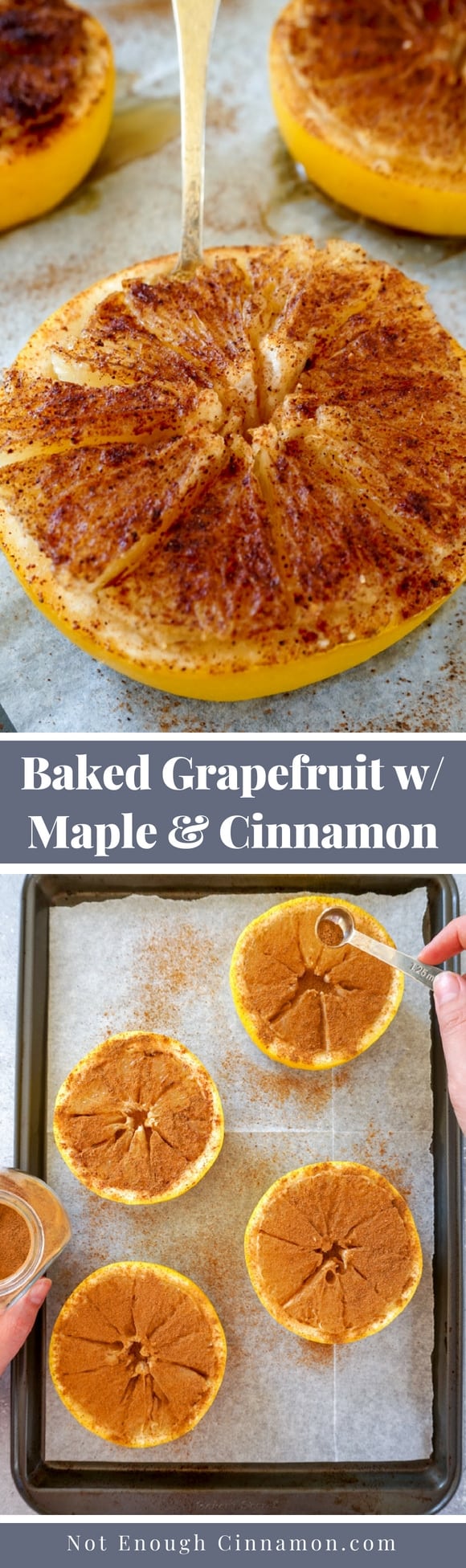 A super easy healthy breakfast or dessert, this baked grapefruit with maple syrup and cinnamon takes minutes to make. Recipe on NotEnoughCinnamon.com #glutenfree #refinedsugarfree #paleo #cleaneating #healthysnack #healthybreakfast #breakfastrecipe