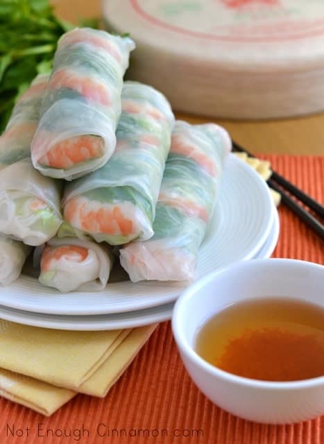 side view of a plate with Vietnamese Spring Rolls with a small dish of dipping sauce on the side