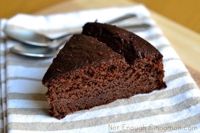 a piece of Light Chocolate Yogurt Cake served o a striped napkin