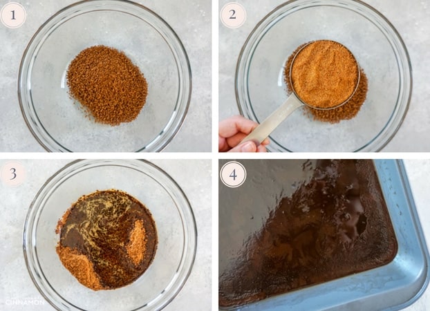 Collage of four step by step picture to make coffee granita with coffee, sugar, hot water and the mixture in a pan.