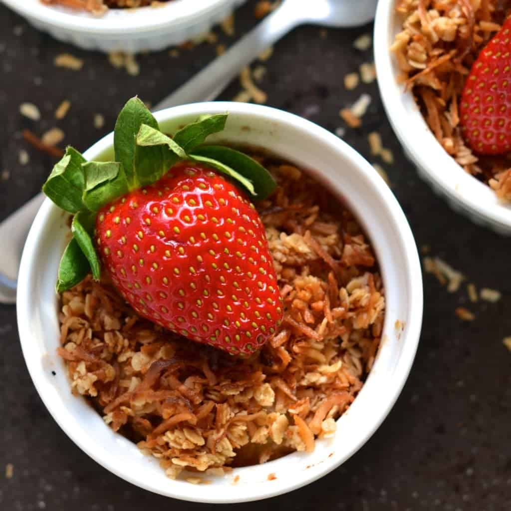 Strawberry, Pineapple and Coconut Crisp served in individual ramekins