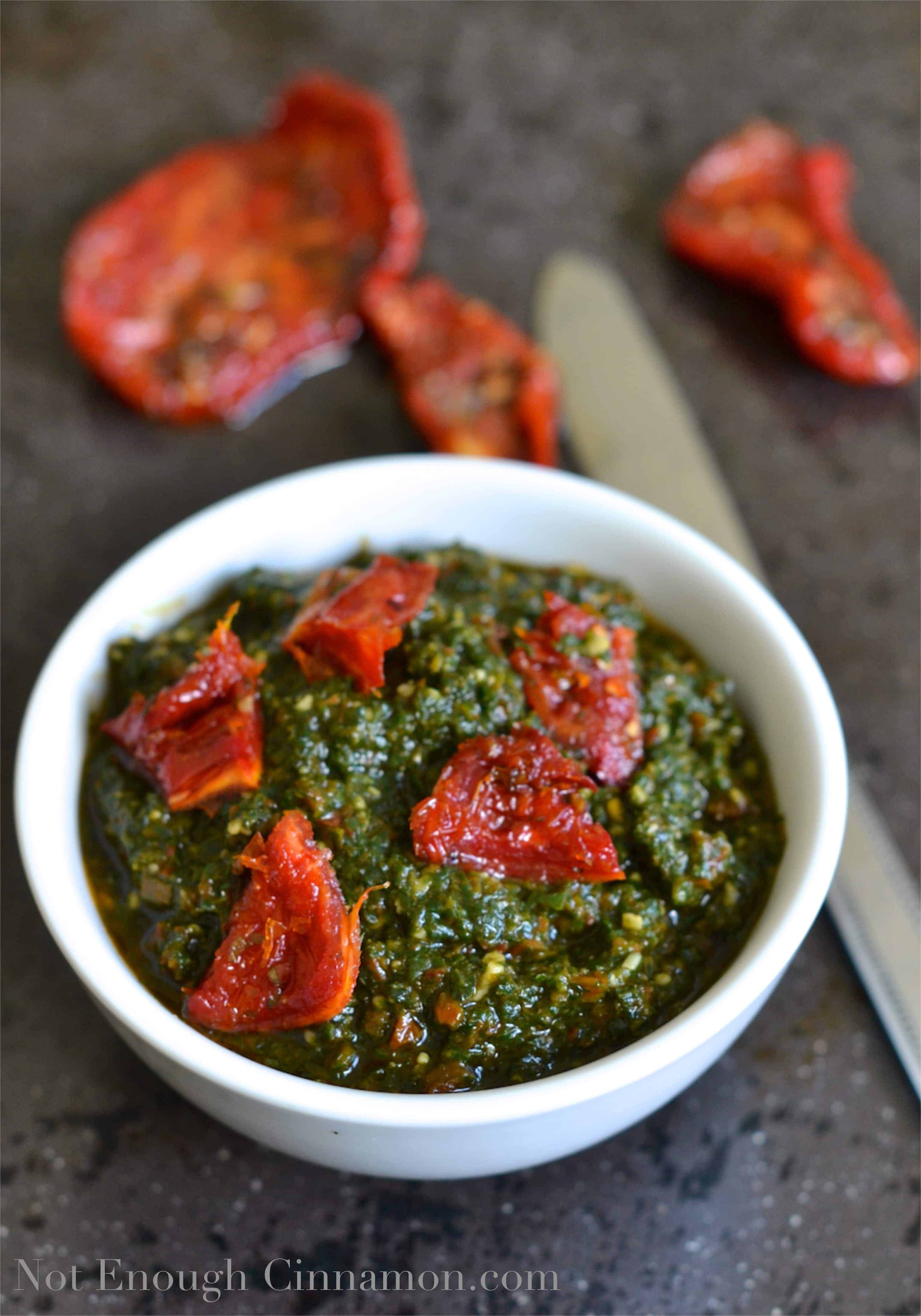 Basil and Sun-dried Tomatoes Pesto served in a white bowl