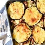 Beef and Eggplant Casserole served in a blue casserole dish