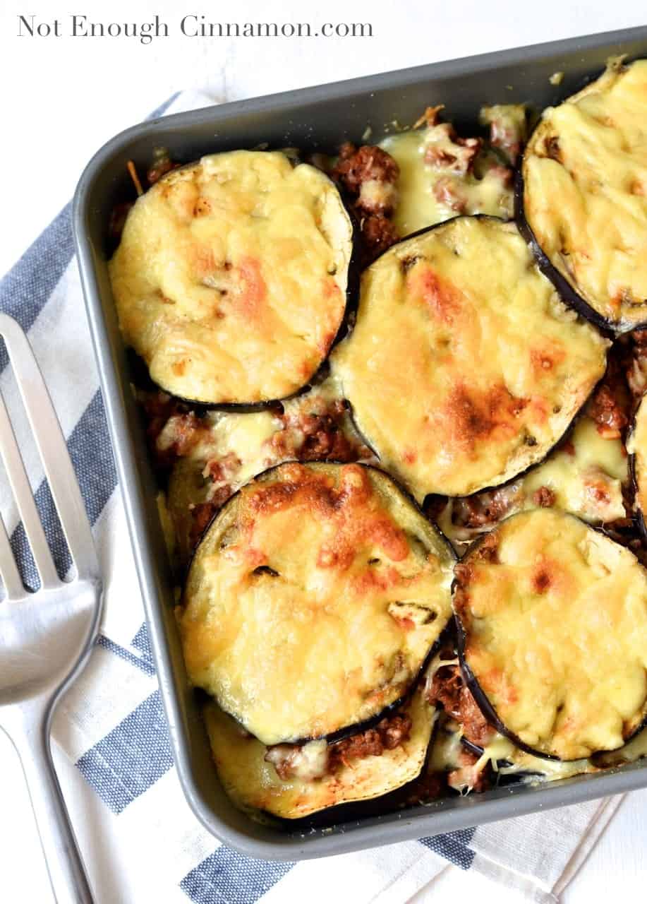 Beef and Eggplant Casserole served in a blue casserole dish