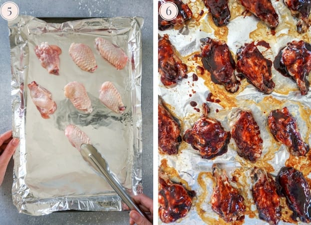 raw chicken wings placed on a baking sheet, then baked with pomegranate wings