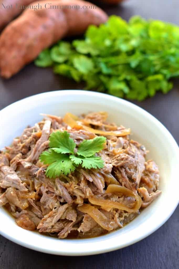 Slow Cooker Pulled Pork with Apples and Onions served in a white bowl with a fresh cilantro leave on top