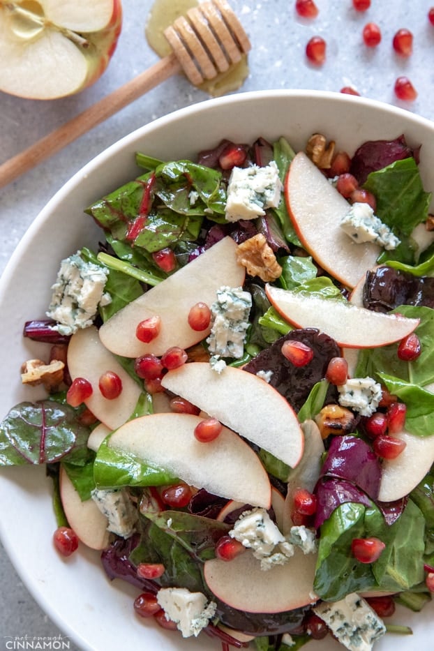 Apple and blue cheese salad with a sliced apple and honey dipper on the side