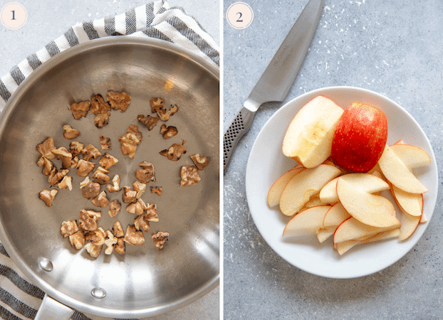 Toasted walnuts in an aluminium pan and sliced apple in a white plate