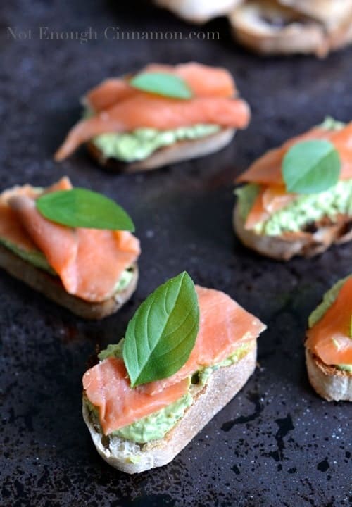 Smoked Trout and Basil Pesto Cream Cheese Crostini as an example for an easy crostini recipe