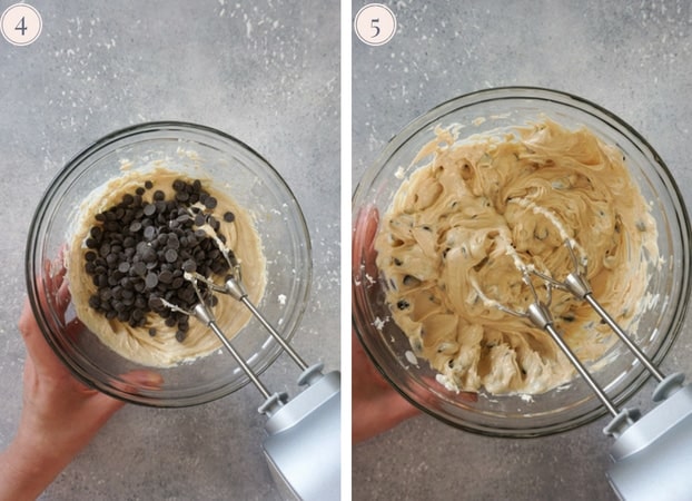 Two step by step photo showing how to make peanut butter and chocolate chips fruit dip