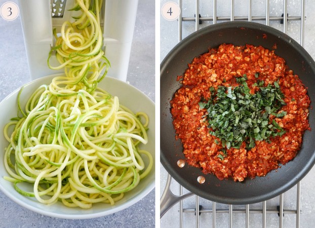 A collage of two photo, one showing zucchini noodles being cut with a spiralizer and the other turkey bolognese sauce topped with fresh chopped basil leaves in a skillet.