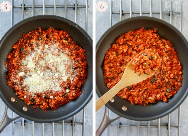 A collage of two pictures, one showing turkey bolognese sauce with grated parmesan on top in a skillet and the other showing turkey bolognese sauce in a wooden spoon over a skillet.